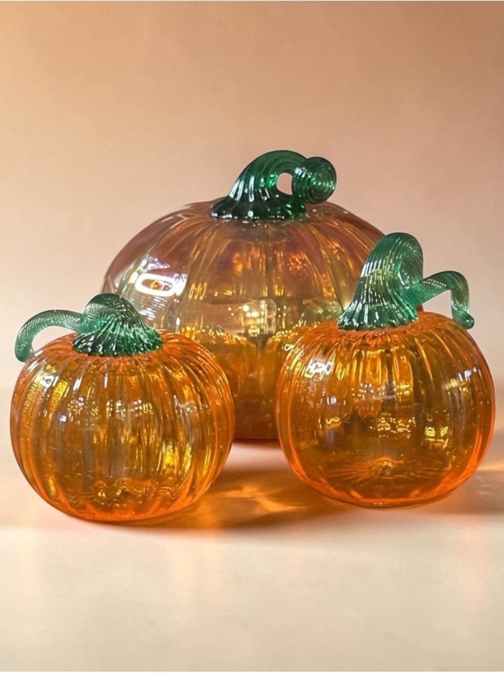 Handblown Glass Pumpkin Trio - Orange with Green Stems